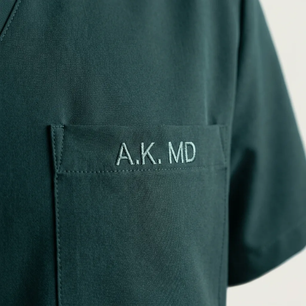 A close detail of the Method scrub top, showing tonal embroidery